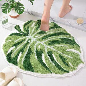 NEW Green Leaf Mat, Large Monstera Cute Non Slip Palm Shaped Plush Fun